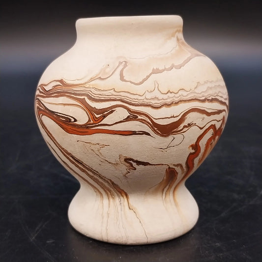 Vintage Nemadji Pottery pedestal vase with brown mauve marbled swirl design