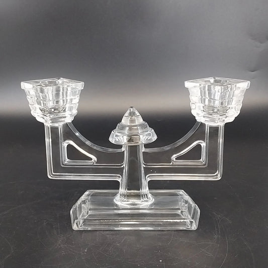 New Martinsville clear glass Art Deco double candle holder candelabra with geometric design