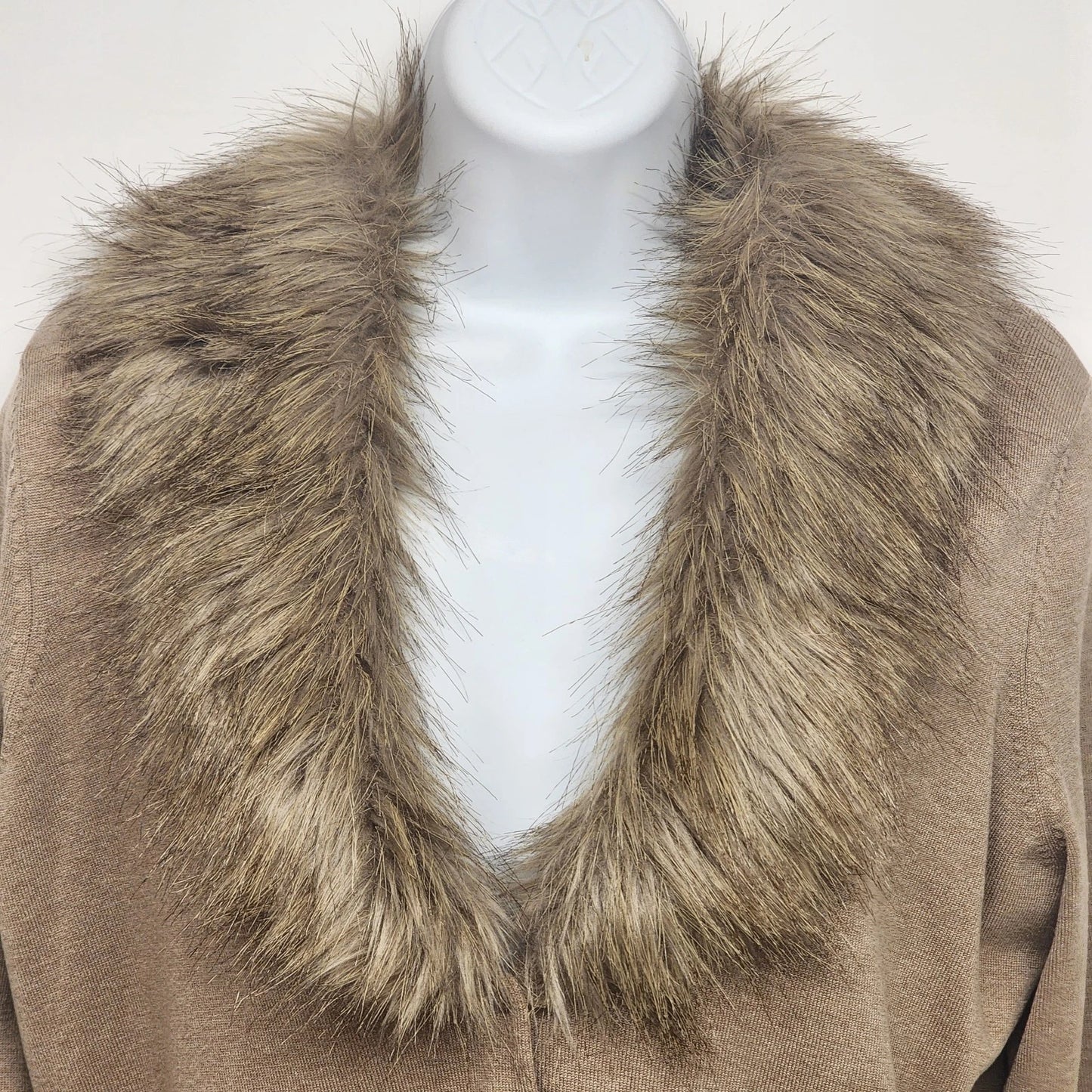Tan button front cardigan with faux fur collar