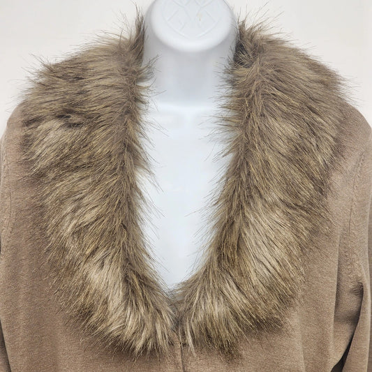 Tan button front cardigan with faux fur collar