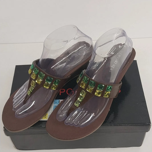 Brown Newport News thong slide sandals with rhinestone embellishments