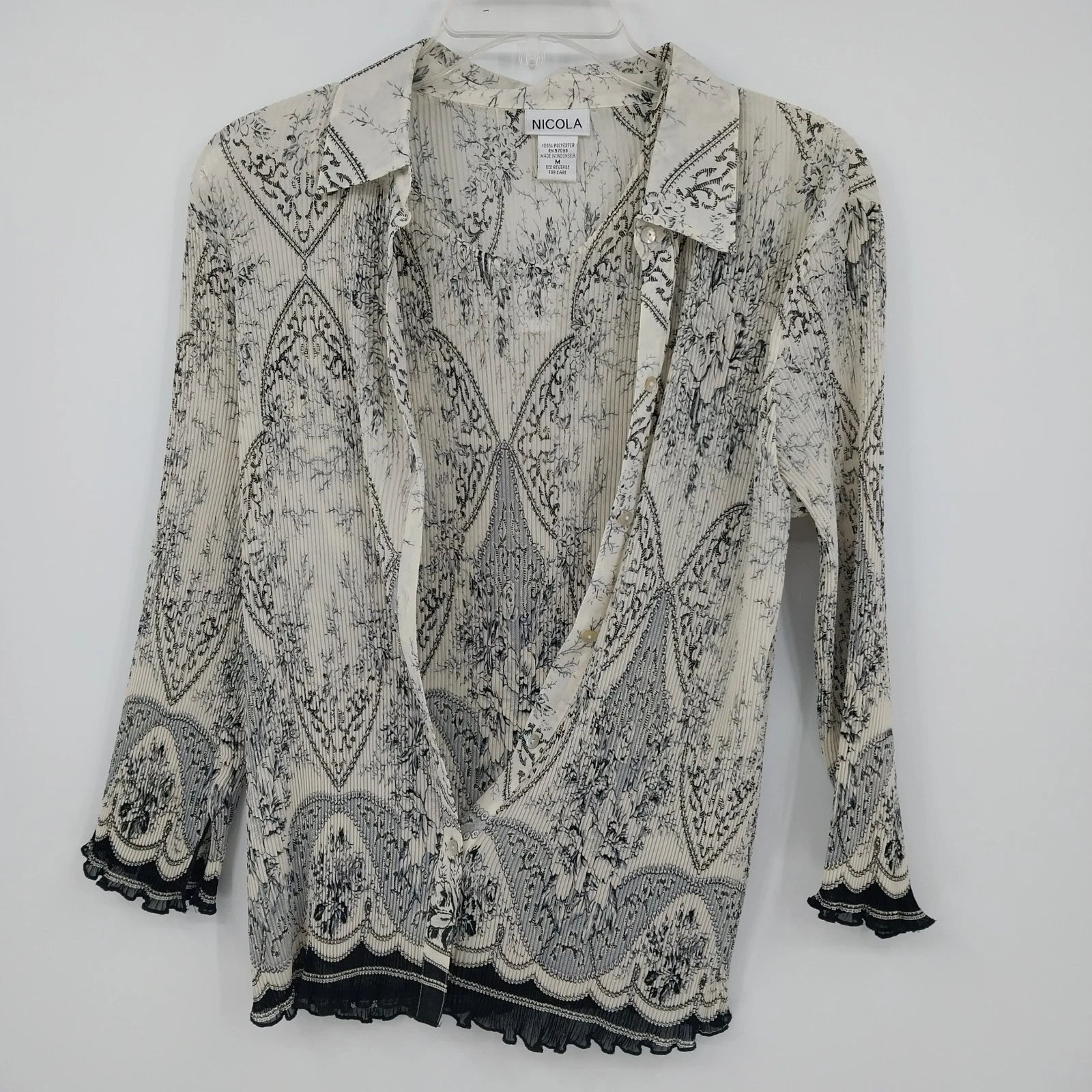Nicola black and white paisley pleated button front blouse for women