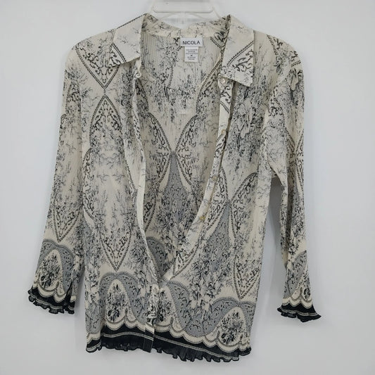 Nicola black and white paisley pleated button front blouse for women
