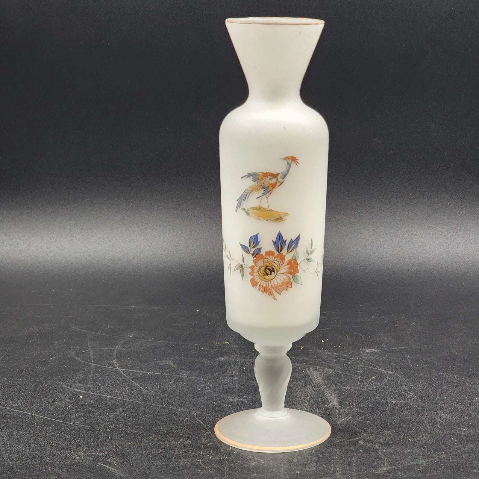 Vintage Norleans satin art glass vase with hand painted bird floral design and gold trim