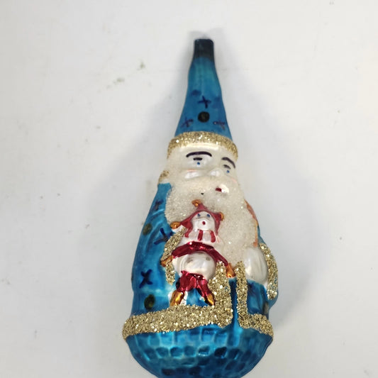 Northlight glass Christmas ornament with blue and white Santa figure, small snowman, and gold glitter accents.