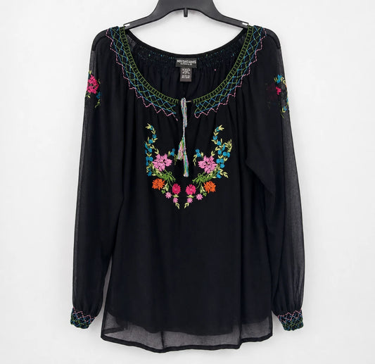 Notations women's black floral embroidered peasant blouse size large