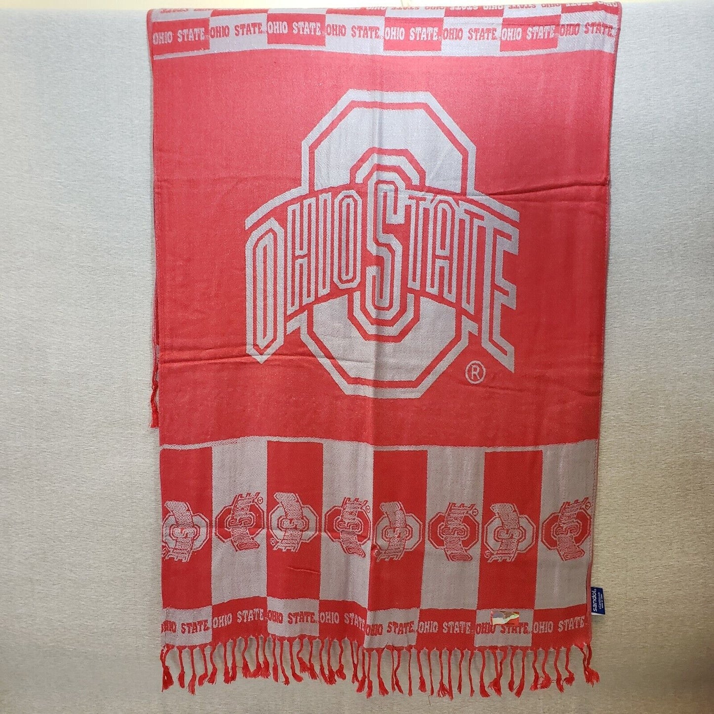 Ohio State Buckeyes licensed scarlet and gray viscose scarf with tassels