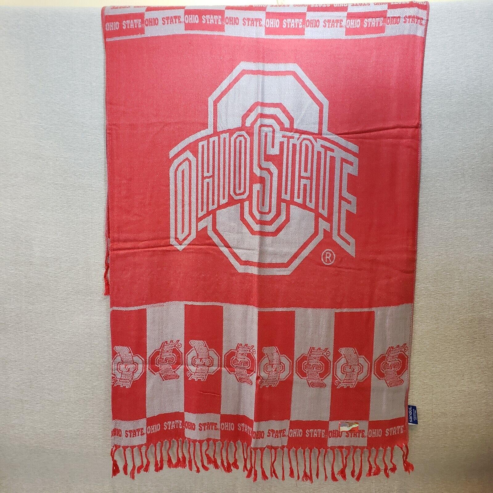 Ohio State Buckeyes licensed scarlet and gray viscose scarf with tassels
