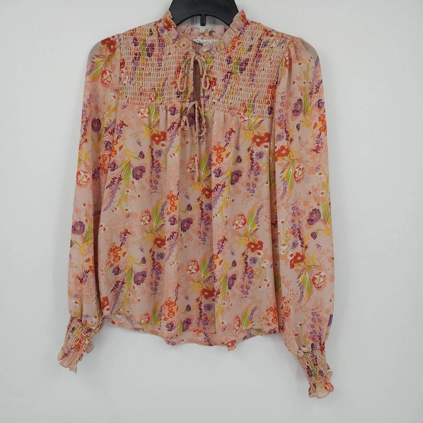 Ophelia Roe floral smocked peach peasant blouse