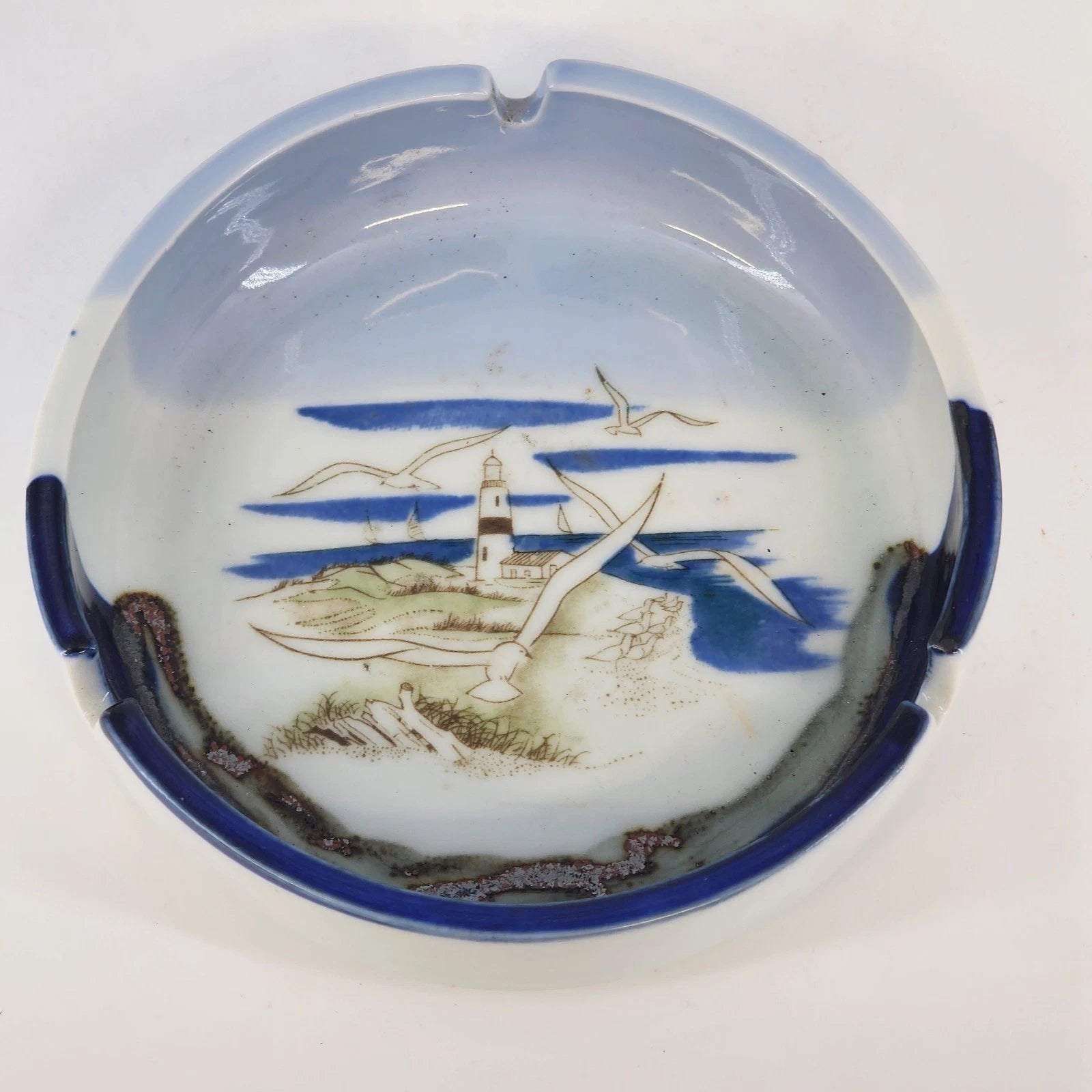 Vintage Otagiri ceramic ashtray with lighthouse seagulls and ocean scene