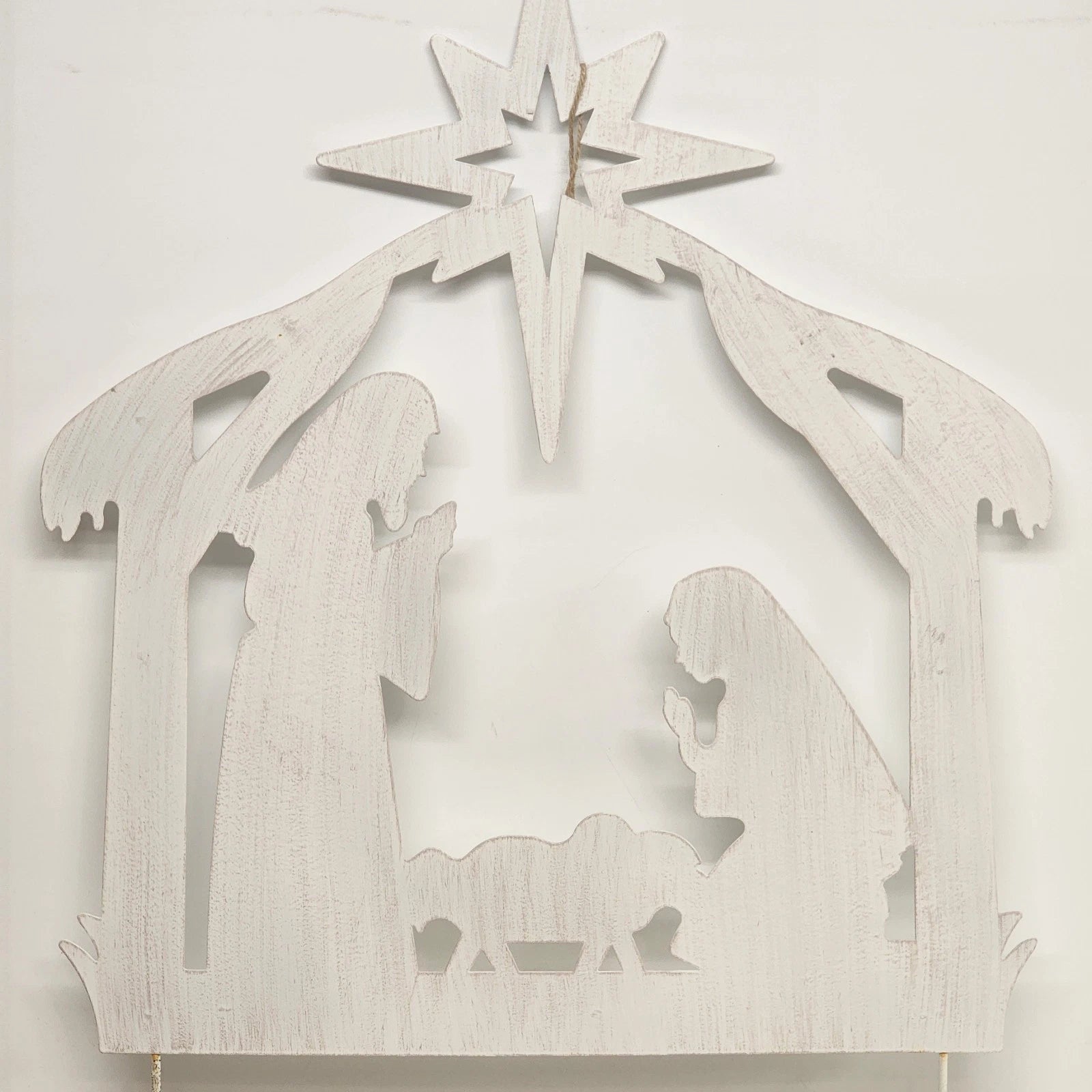 White metal outdoor nativity scene yard stake with Holy Family silhouette
