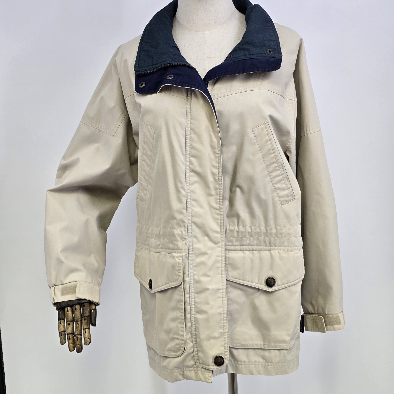 Pacific Trail womens beige jacket with navy blue trim and lining