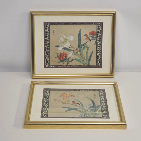 Pair of Chinese silk paintings with birds and flowers in gold frames