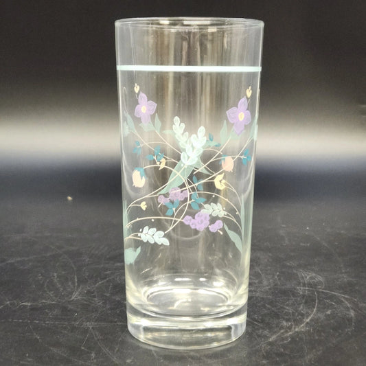 Clear Pfaltzgraff April floral highball tumbler with pastel flowers and leaves