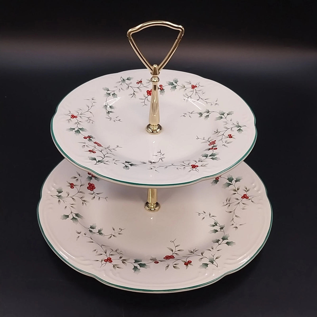 Pfaltzgraff Winterberry two tier stoneware serving tray with holly pattern