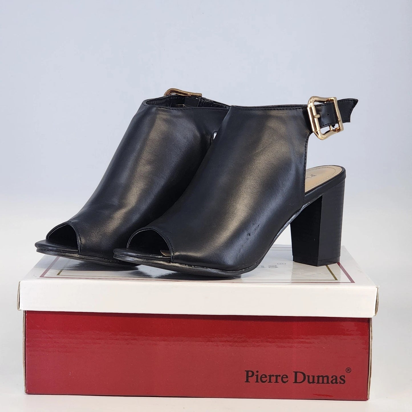Black Pierre Dumas Holly 1 peep toe ankle boots with gold clasp