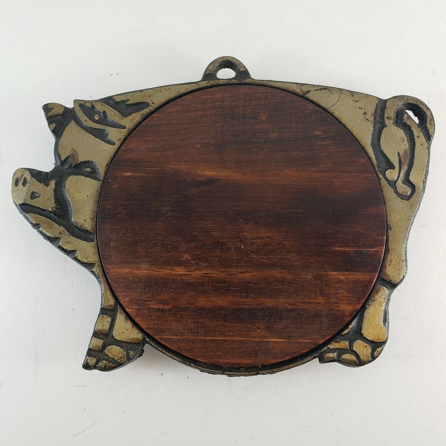 pig shaped trivet cast metal wood vintage
