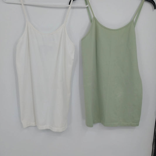 Poof camisole tank top set of 2 in white and sage green with spaghetti straps