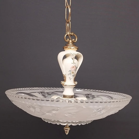 Vintage Porcelier chandelier with floral porcelain body and glass bowl shade