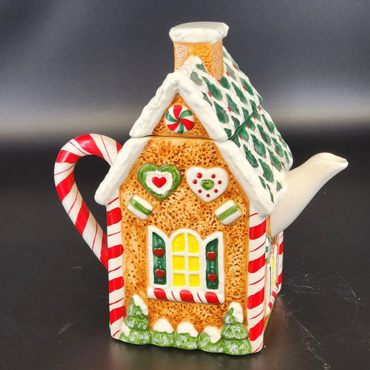 Hand painted gingerbread house porcelain teapot with candy cane details