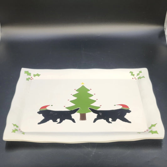 Vintage ceramic Christmas platter with two black dogs in Santa hats