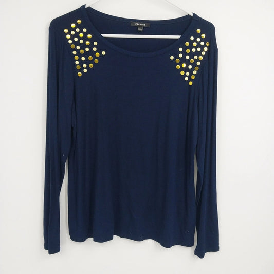 Premise women's navy long sleeve top with gold stud shoulders