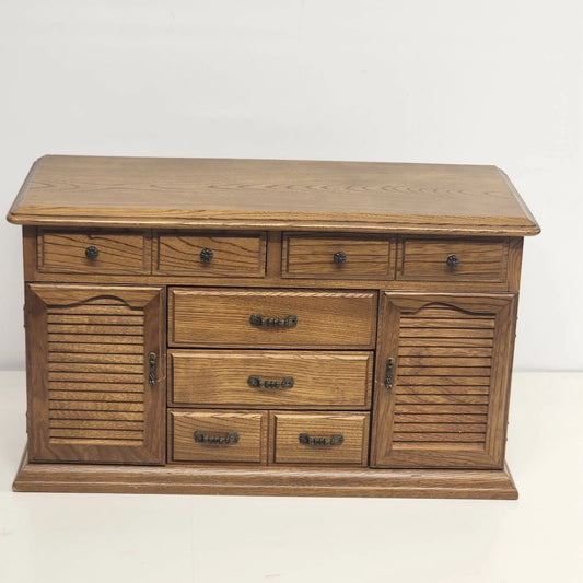 Vintage wood jewelry box with 11 drawers and louvered doors