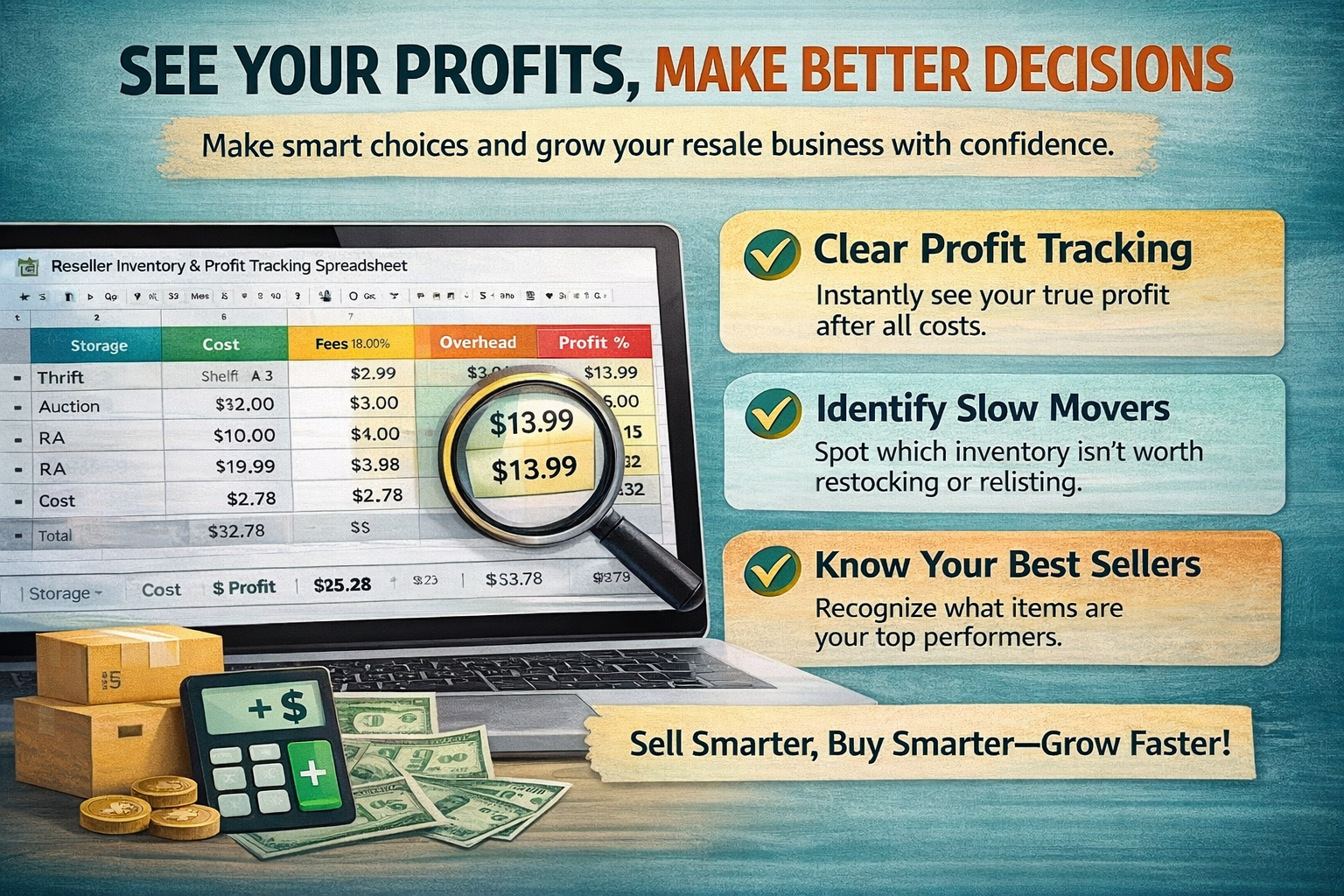 Reseller inventory spreadsheet with profit calculator dashboard