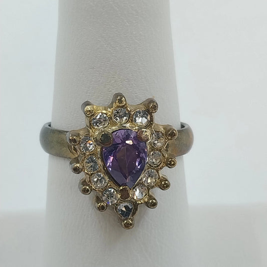 Vintage style gold tone adjustable ring with purple teardrop stone and rhinestones