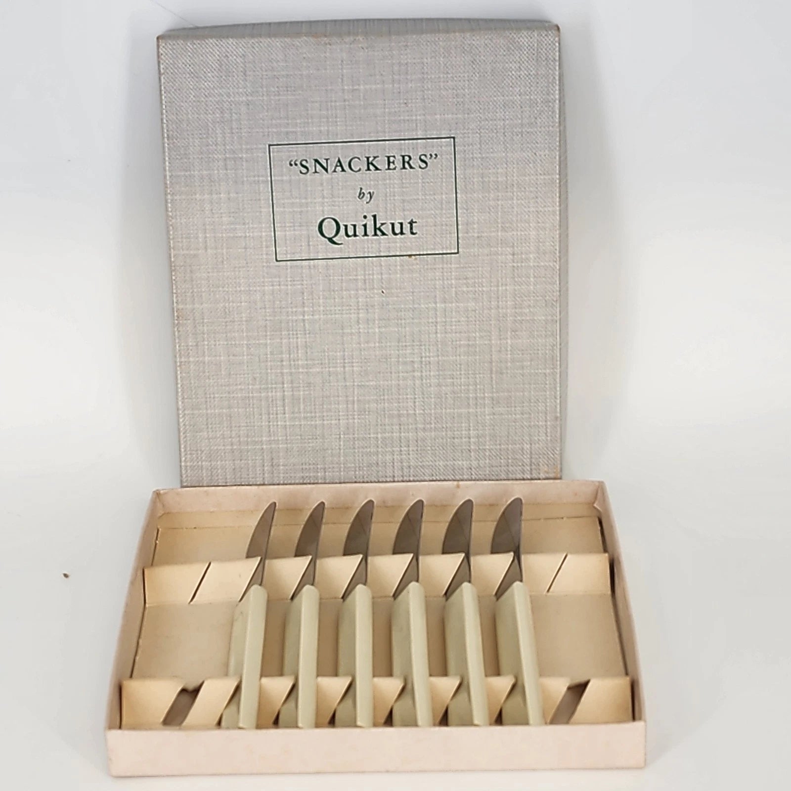 Vintage Quikut Snackers stainless steel butter spreader knife set with box