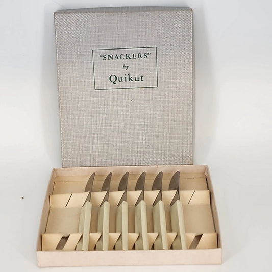 Vintage Quikut Snackers stainless steel butter spreader knife set with box