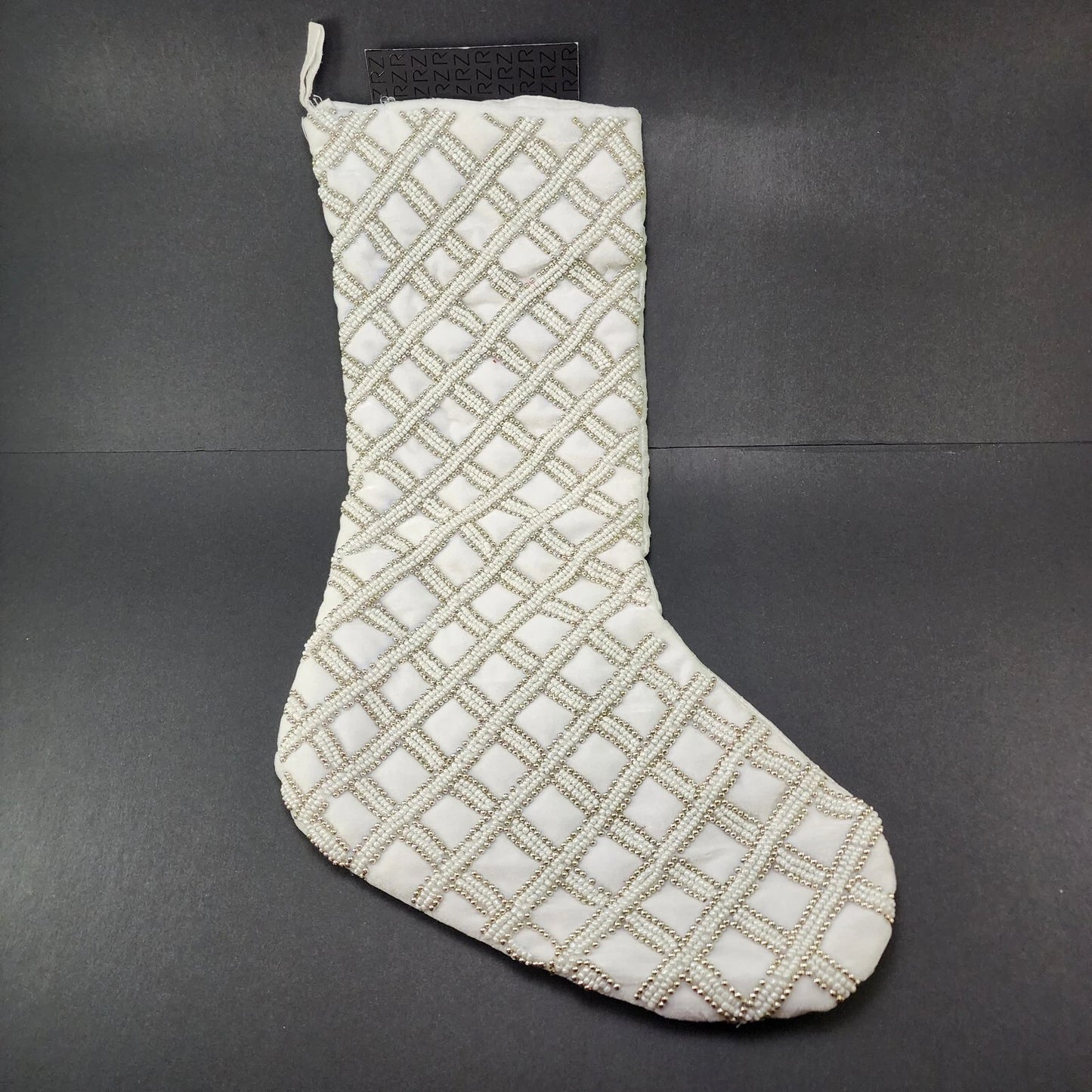 Rachel Zoe silver white beaded Christmas stocking diamond pattern