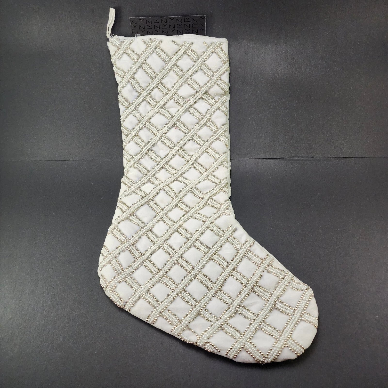 Rachel Zoe silver white beaded Christmas stocking diamond pattern