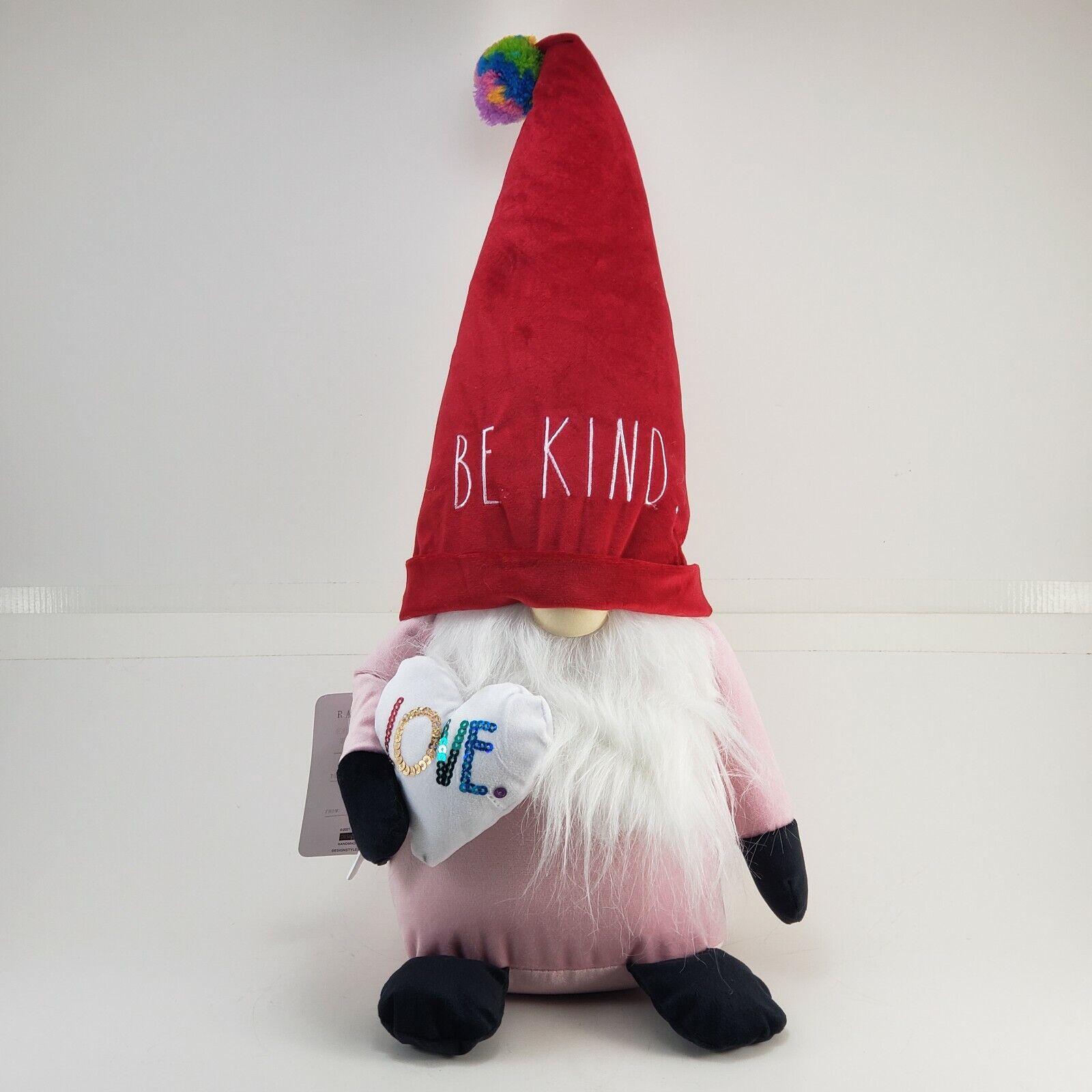 Rae Dunn Valentine gnome with pink body red hat and white beard