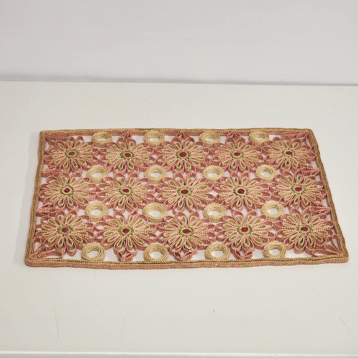 Set of 4 woven raffia sunburst placemats in orange red yellow tones