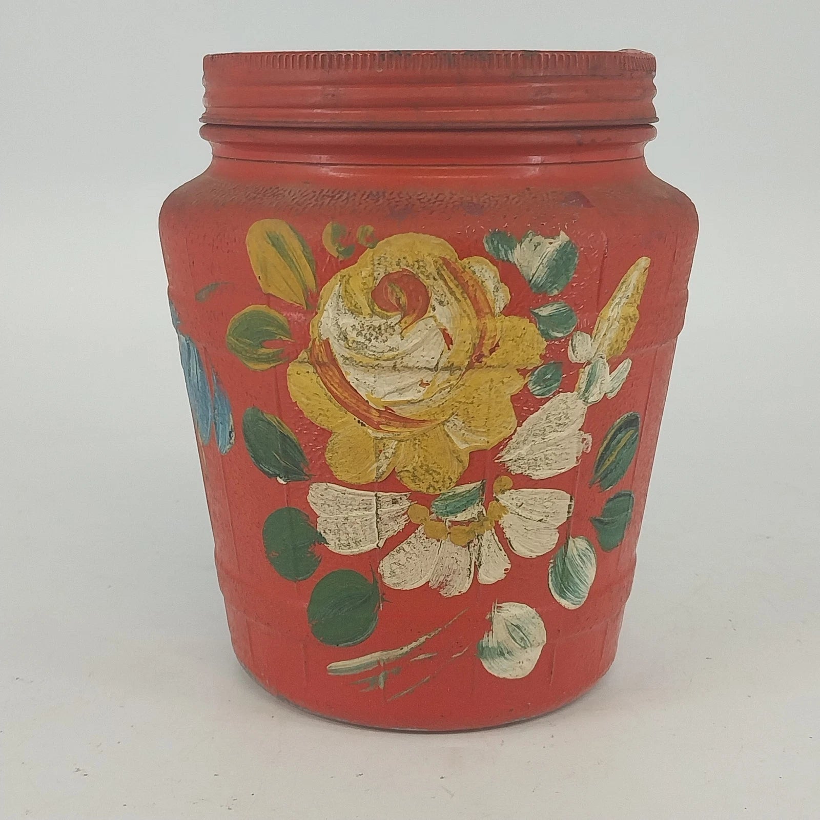 Hand painted Ransburg floral glass cookie jar with metal lid