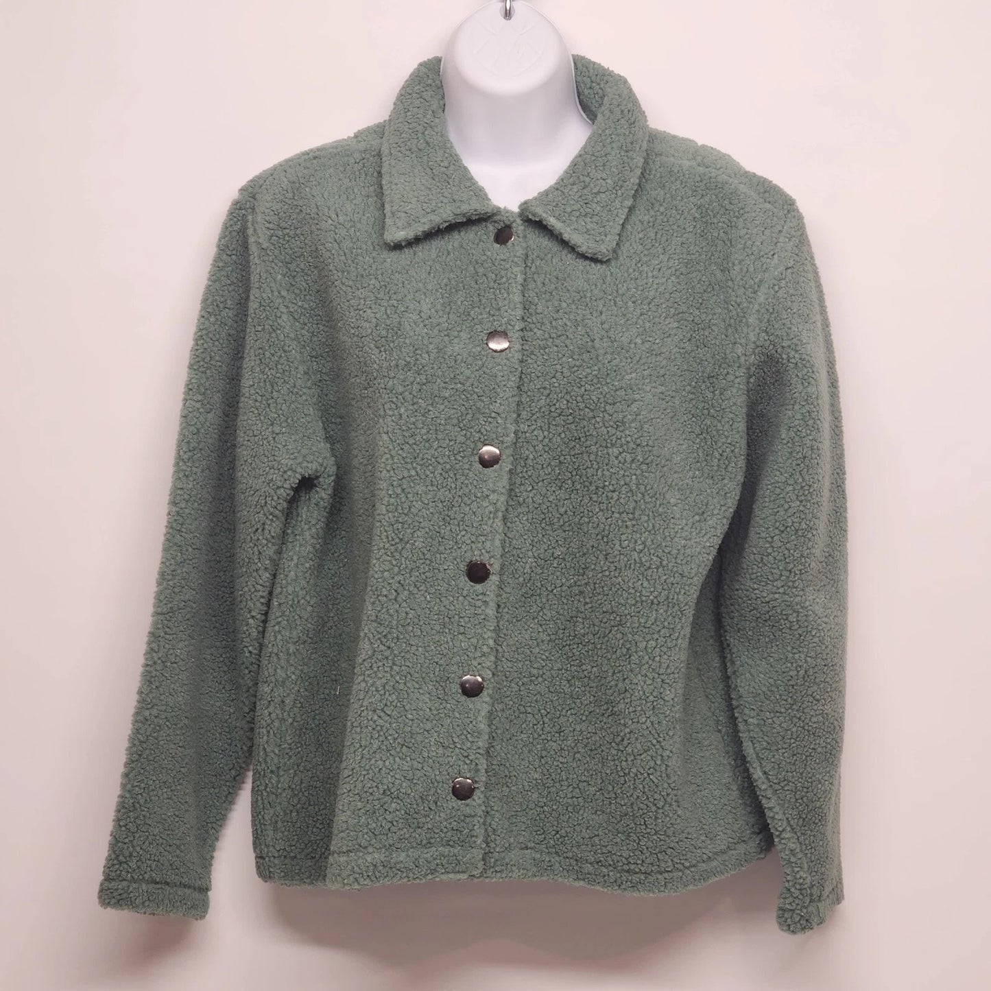 Real Comfort sea green button up sherpa jacket with long sleeves size small