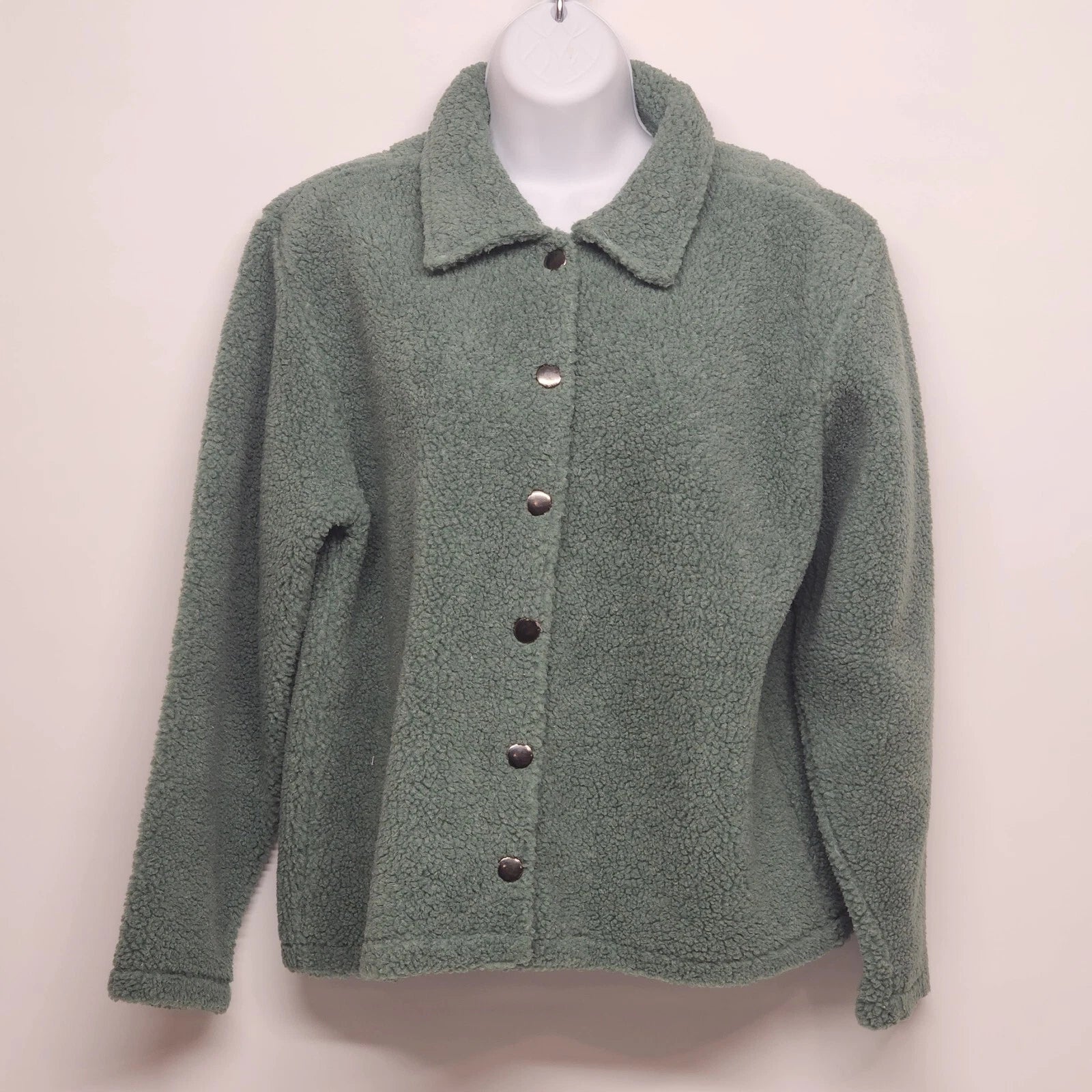 Real Comfort sea green button up sherpa jacket with long sleeves size small