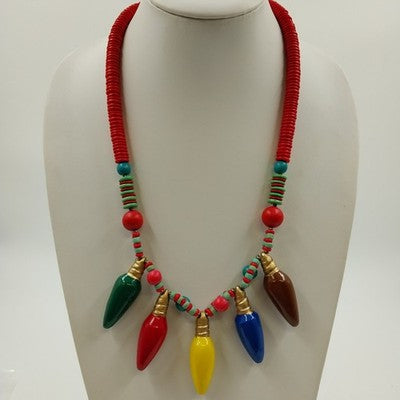 Christmas necklace with red green wood beads and multicolor light pendants