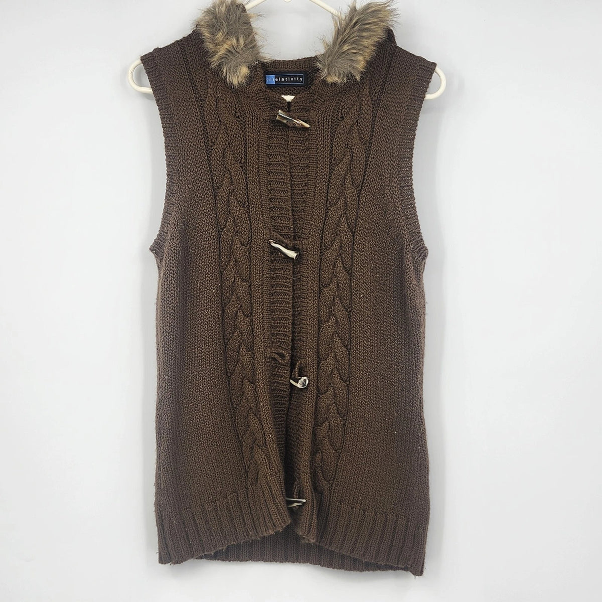 Relativity brown cable knit women's vest with faux fur hood, toggle closures, and front zipper