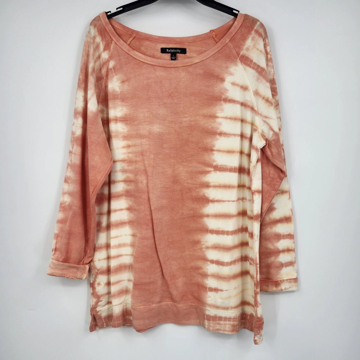 Relativity women's orange and white tie-dye long sleeve knit top with scoop neckline