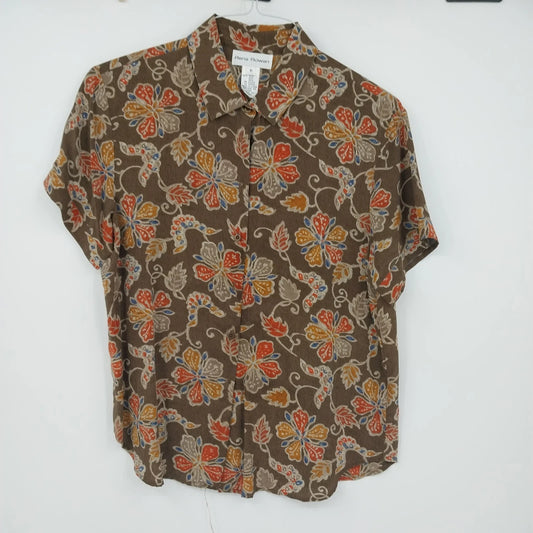 Rena Rowan brown floral 100 percent silk button front blouse