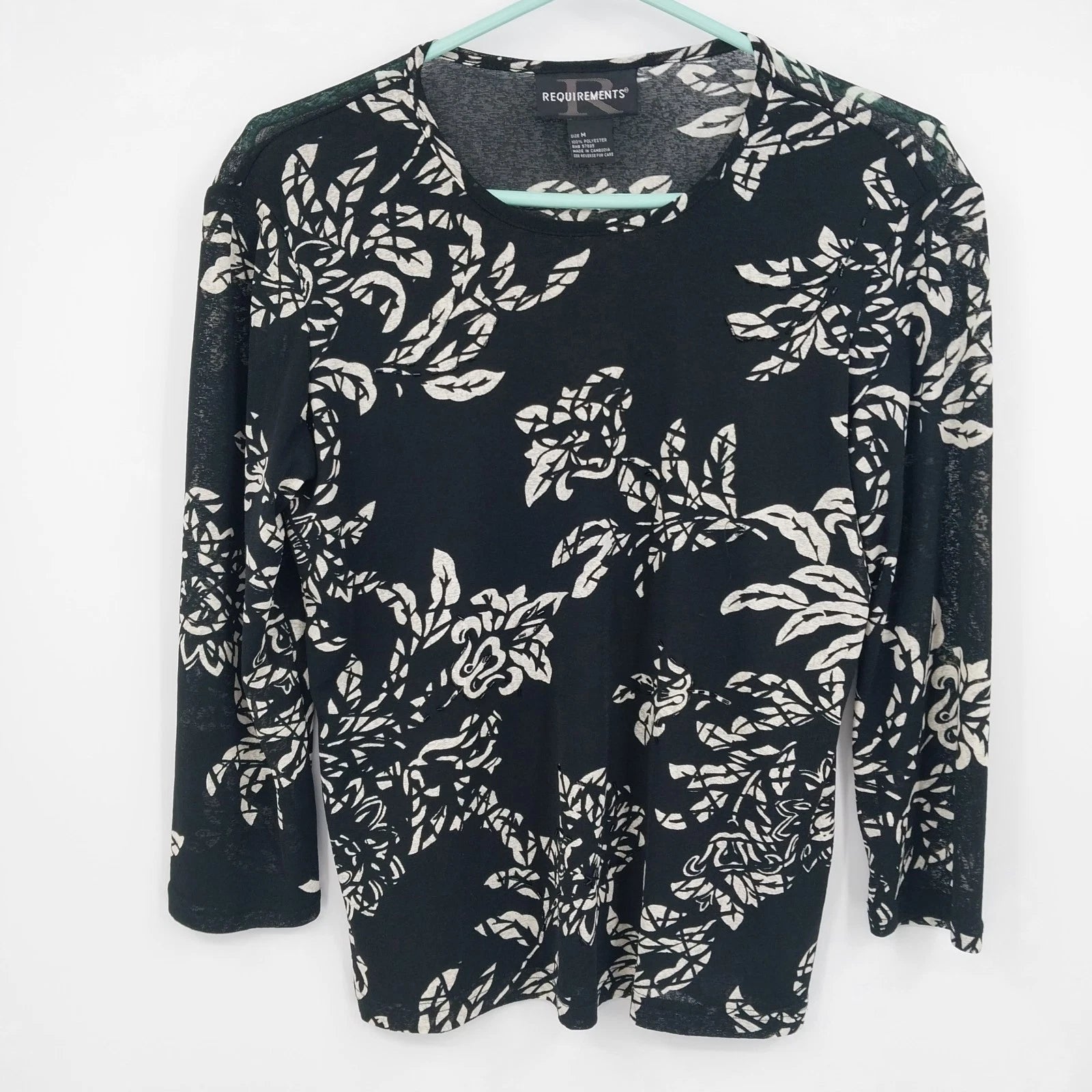 Requirements women's black white floral long sleeve top medium