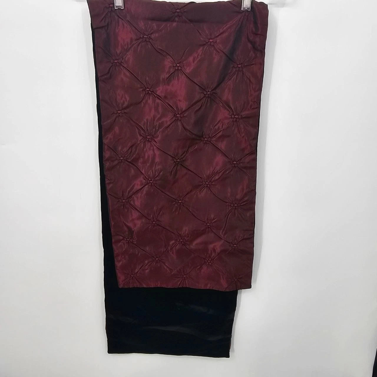 Reversible diamond quilted velvet table runner in maroon and black