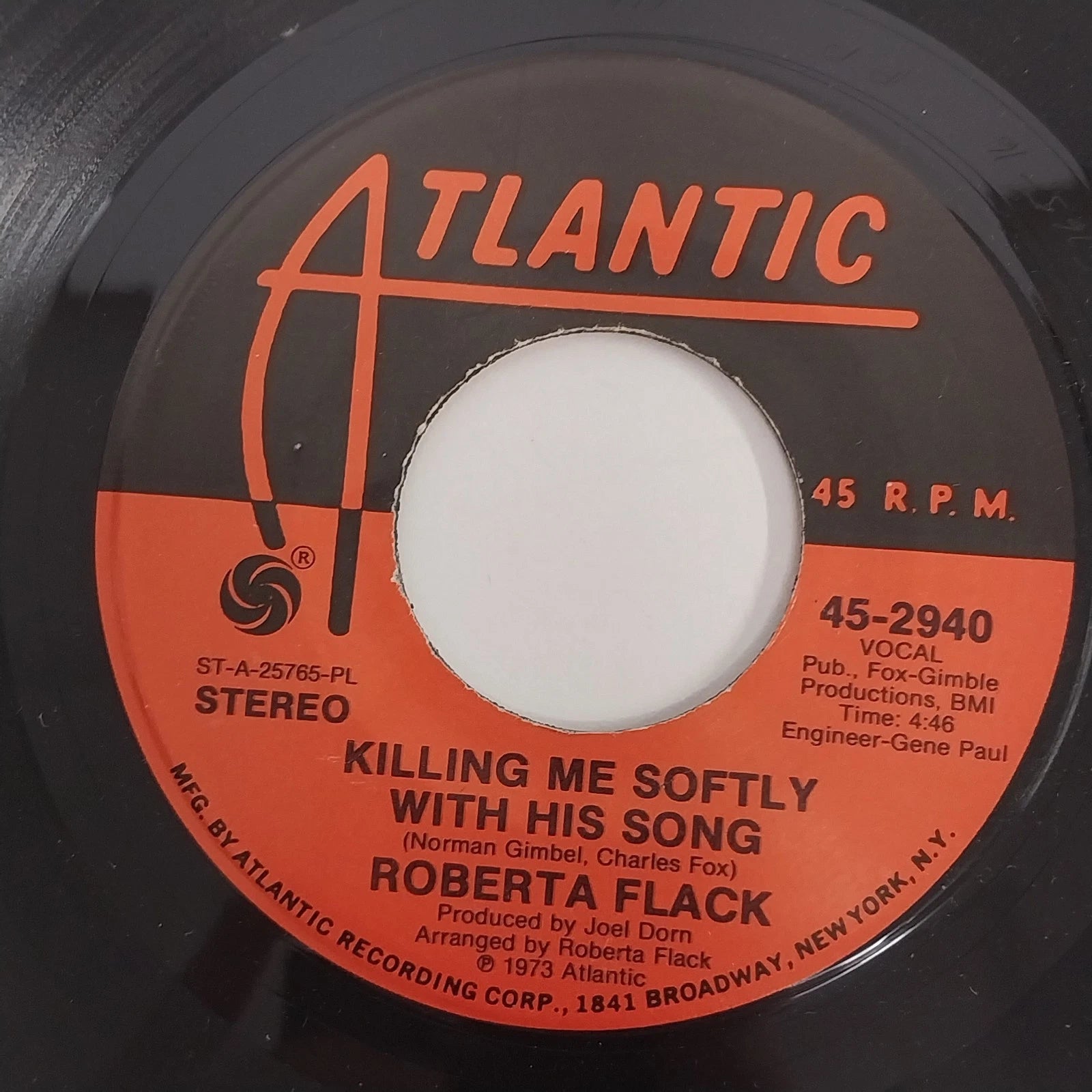Roberta Flack Killing Me Softly 45 RPM vinyl record