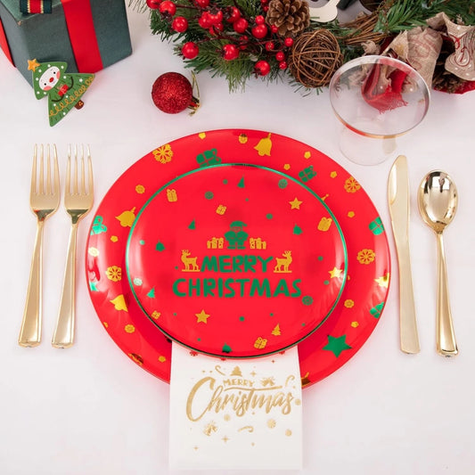 Rubtlamp 175 piece red gold and white Christmas plastic party dinnerware set