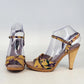 Saint Charles platform heels in yellow and purple silk print with ankle strap