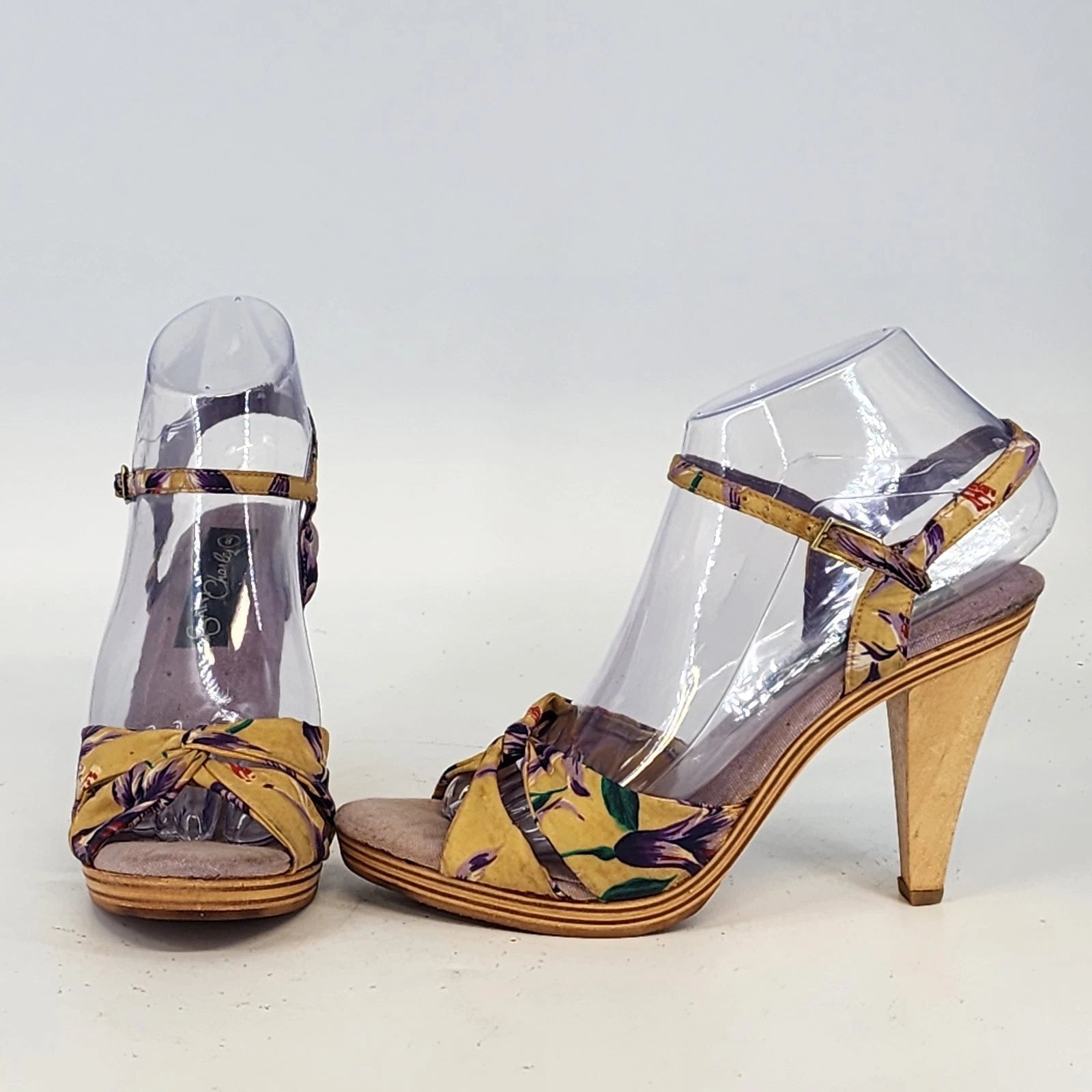 Saint Charles platform heels in yellow and purple silk print with ankle strap