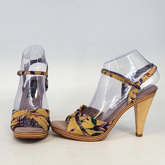 Saint Charles platform heels in yellow and purple silk print with ankle strap