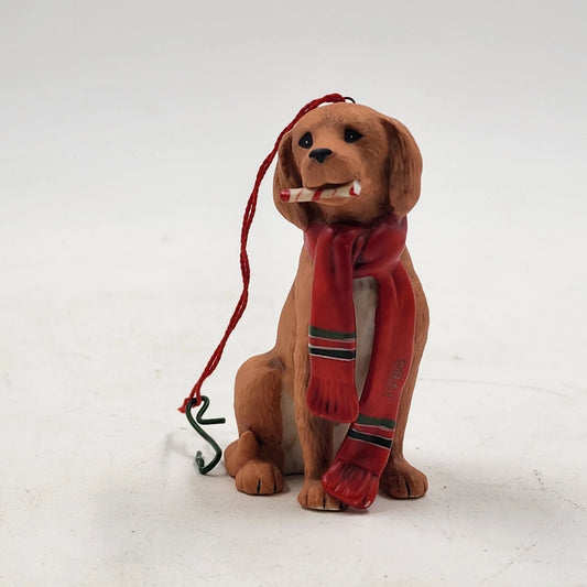 Vintage Schmid 1984 ceramic brown dog Christmas ornament with candy cane scarf